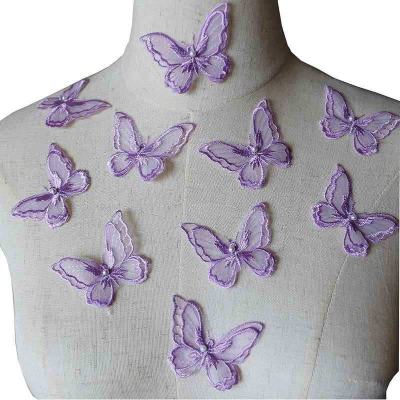 PandD 10PCS Double Layers Butterfly Patches Butterfly Lace Applique Organza Embroidery Sewing for Craft Projects (Lilac) - Image 1